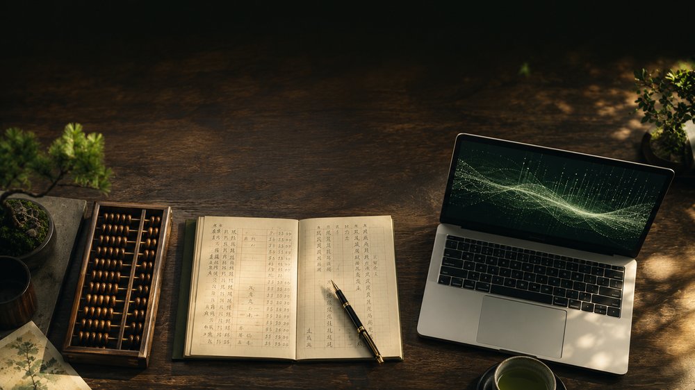 算盤と帳簿、そしてノートPC。会計の伝統と最新テクノロジーの融合
